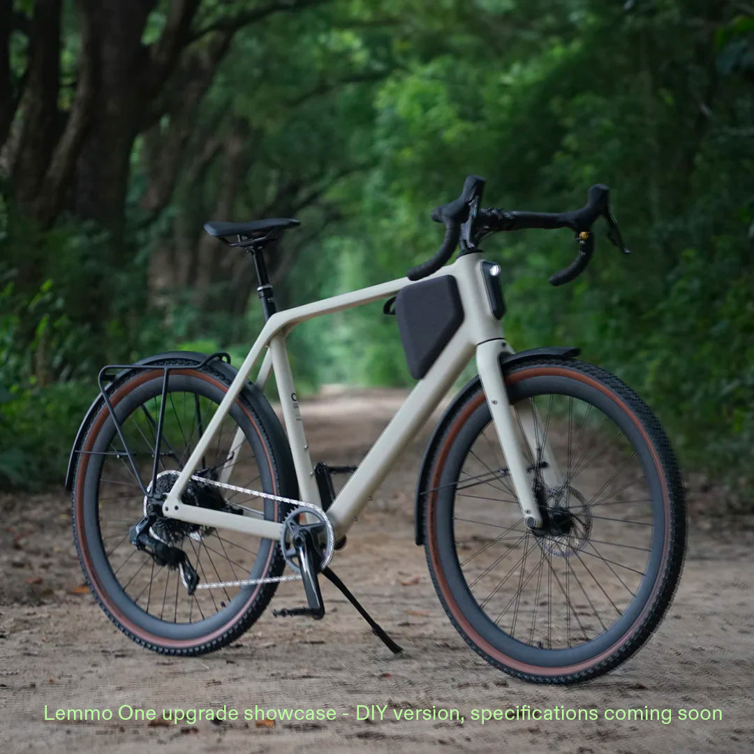 LEMMO gravel e-bike steht auf einem schlammigen Waldweg