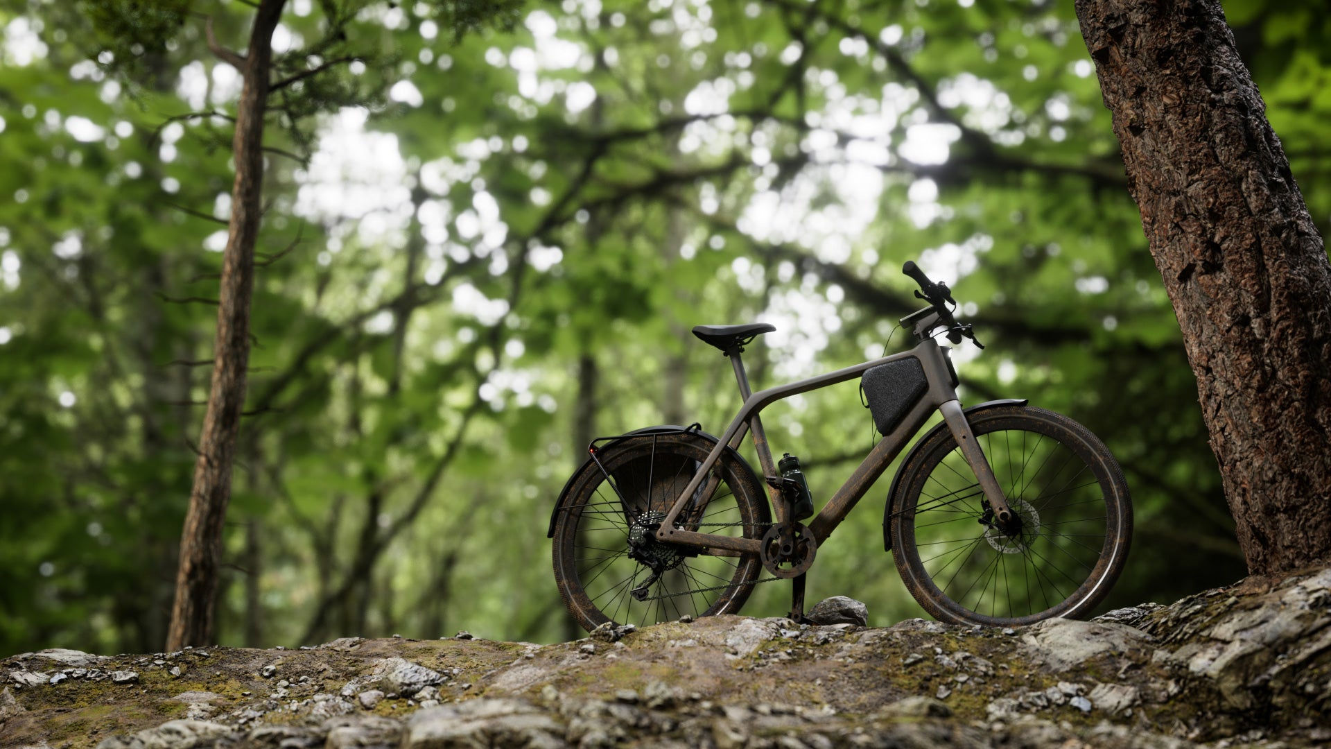 LEMMO gravel e-bike steht auf einem schlammigen Waldweg