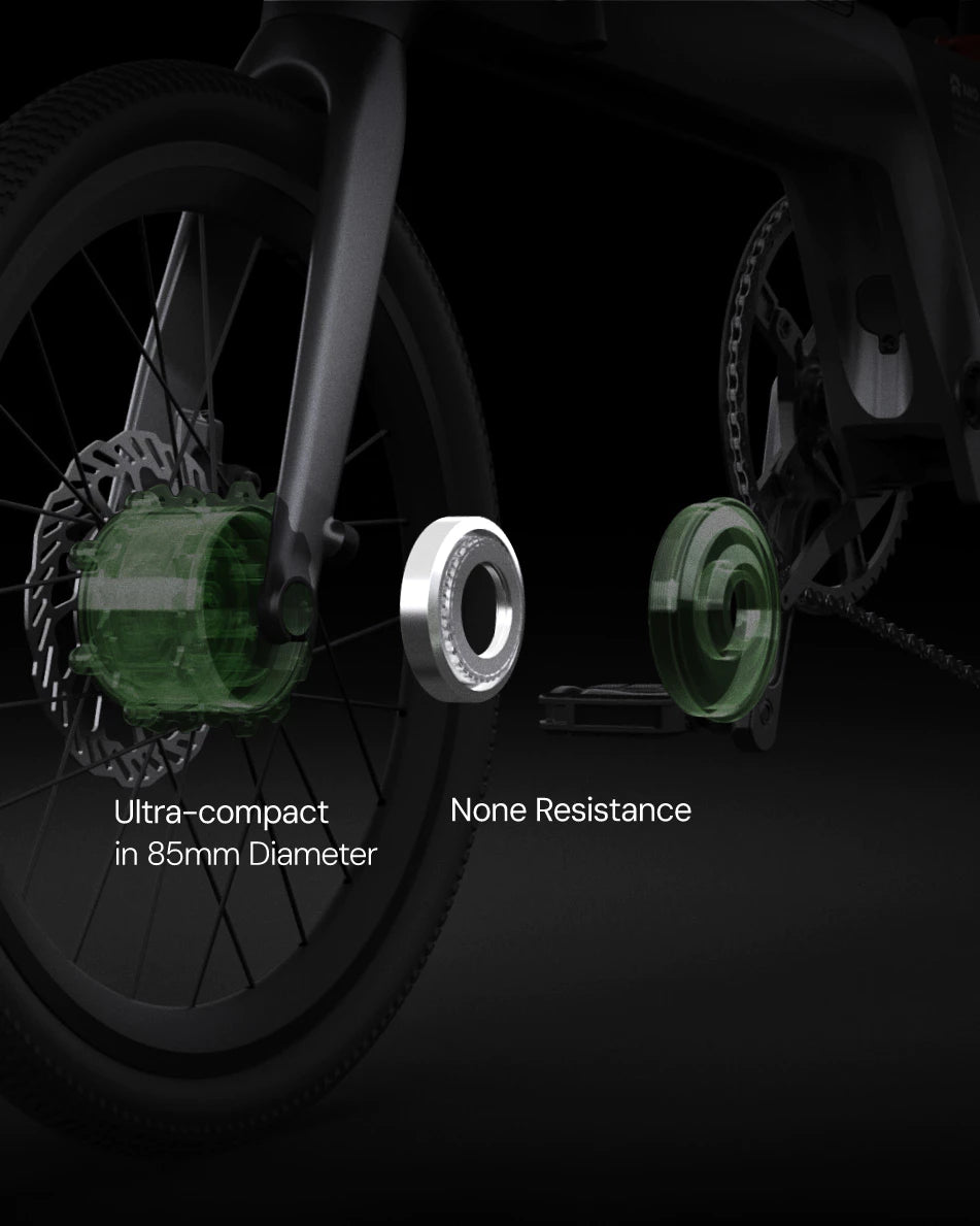 Moyeu ultra-compact de 8,5 cm à double mode avec embrayage intégré conçu par Lemmo, permettant une conduite sans assistance électrique, à la force des jambes, avec une sensation fluide et traditionnelle.