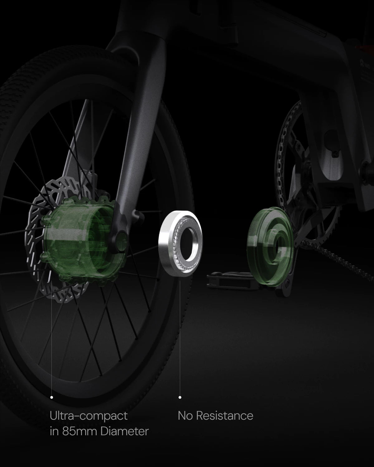 Moyeu ultra-compact de 8,5 cm à double mode avec embrayage intégré conçu par Lemmo, permettant une conduite sans assistance électrique, à la force des jambes, avec une sensation fluide et traditionnelle.