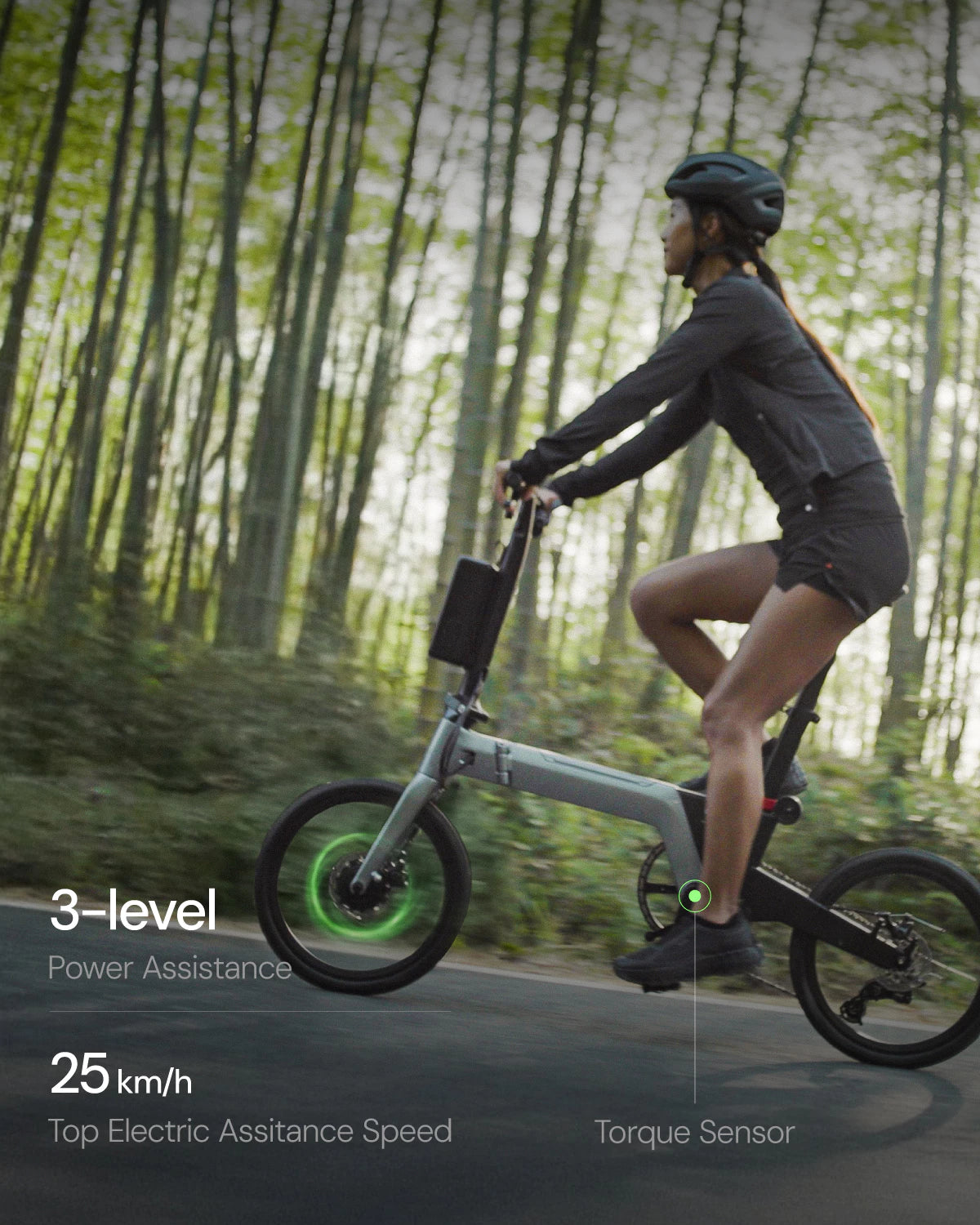 En mode assistance électrique, un capteur de couple central et un algorithme de contrôle ajustent la puissance du moteur en trois niveaux en temps réel pour une conduite fluide jusqu'à 25 km/h.